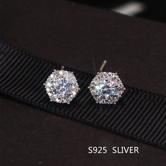 Unisex 2 CT 925 Sterling Silver Diamond Hexagon Pierced Stud Earrings - Picture 5 of 9